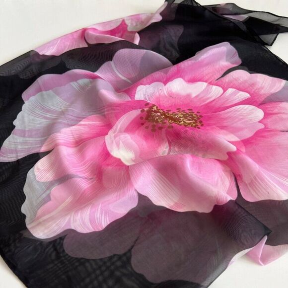 LIANG DIAN Black with Pink Flowers Lightweight Scarf Wrap 60 x 19 inches - Picture 4 of 12